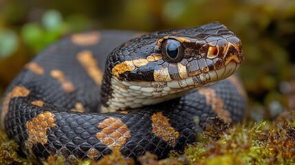 Obraz premium A Close-Up of a Black and Gold Snake with a Focused Eye