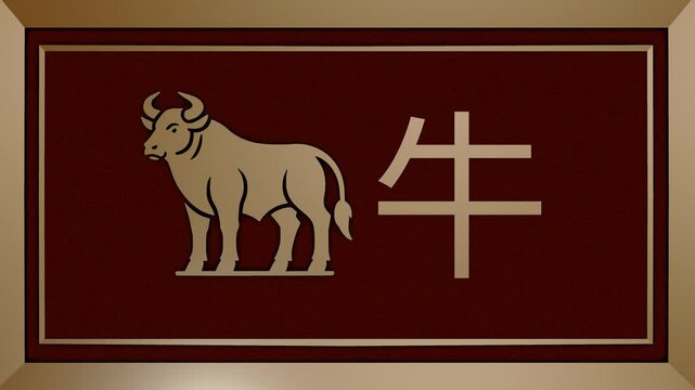 Chinese zodiac sign of an ox on a metal frame with red velvet background