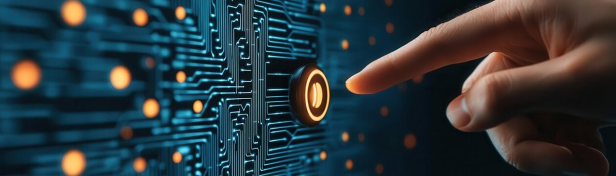 A hand poised to touch a glowing button on a circuit board, symbolizing technology and interaction in a digital environment.