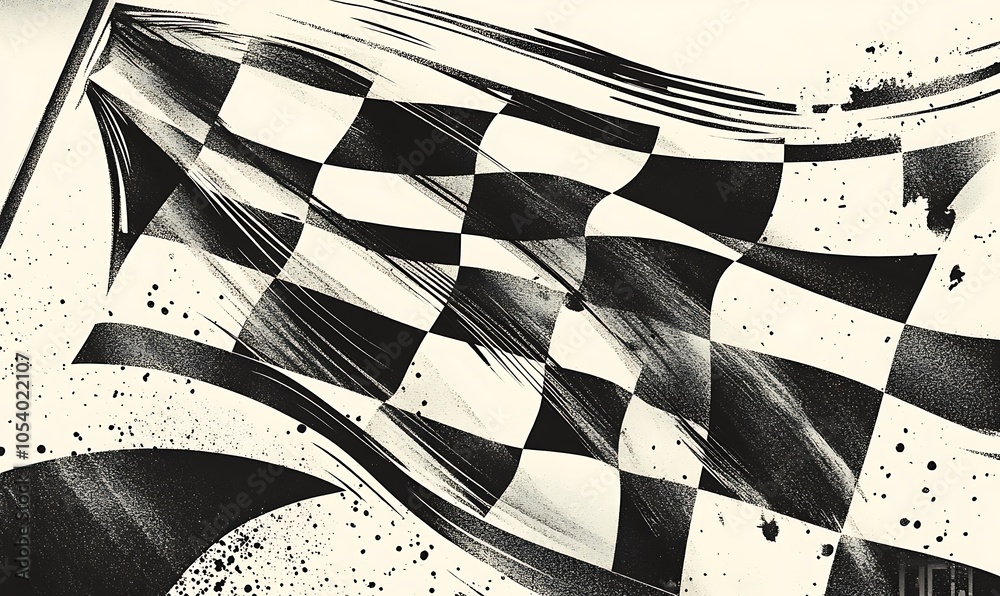 Poster black and white checkered flag with grunge texture.