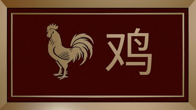 Chinese zodiac sign of rooster on a metal frame with red velvet background