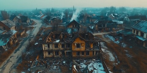 Dilapidated village houses with smoke visible during a chilly day, showcasing rural devastation.