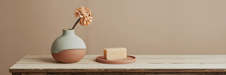 Minimalist pastel blue and beige still life with soap and flower on a wooden table for a natural and simple lifestyle brand   
