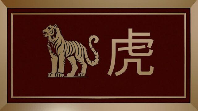 Chinese zodiac sign of tiger on a metal frame with red velvet background