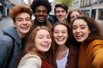 Obraz premium Group of young people are smiling and posing for a picture. Scene is happy and friendly