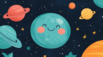 Obraz premium Cheerful Cartoon Earth with Smiling Face in Space