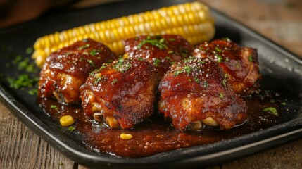 Delicious Barbecue Chicken Thighs with Corn on Plate