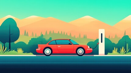 Fototapeta premium Cheerful Cartoon Electric Car Charging Scene