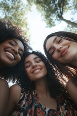 Fototapeta premium Three women are smiling and posing for a picture. They are all wearing colorful dresses and have curly hair. Scene is happy and joyful