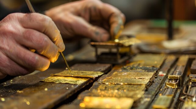 Skilled craftsman applying gold leaf to wooden surface in workshop, showcasing precision, care, and artistry in gilding process