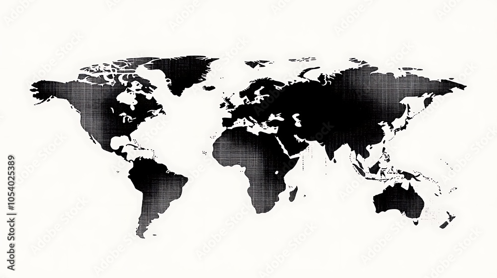 Poster black and white world map with a pixelated design.