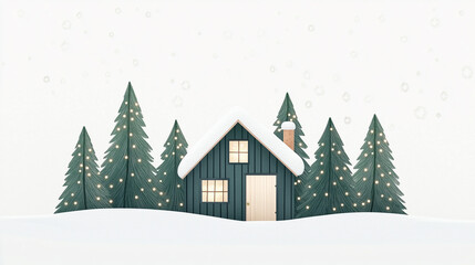 Fototapeta premium Cozy winter cabin surrounded by snow-covered trees