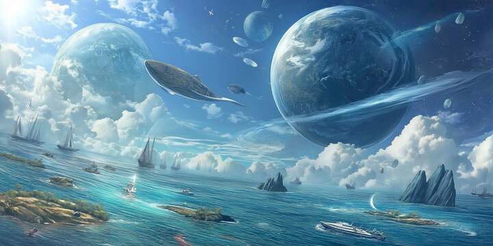 World Futures Day: Celestial Oceanscape: A Futuristic Dream World of Ships and Planets. Fantasy World. Dream of better world 