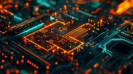 Obraz premium Futuristic Circuit Board Server with Code Processing and Bokeh Lights