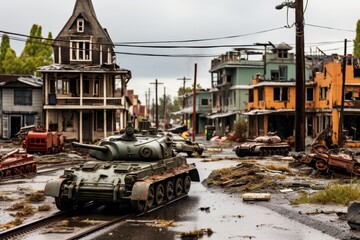 Fototapeta premium Detailed miniature military diorama showcasing tanks and soldiers in an intricate urban city layout