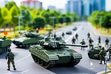 Fototapeta premium Miniature military diorama featuring tanks and soldiers in a detailed urban environment