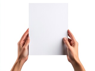Fototapeta premium Person is holding a white piece of paper. The paper is blank and has no writing on it. The person is holding the paper in their hands, and it is a square shape