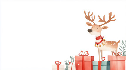 Fototapeta premium Cheerful reindeer standing among colorful holiday gifts
