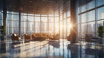 Fototapeta premium Morning Sunrise At The Office. Panoramic modern office views with city skyline. Ideal for desktop wallpaper or desktop background