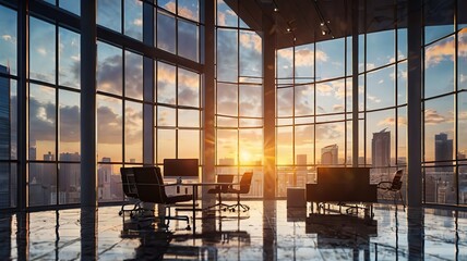 Morning Sunrise At The Office.  Panoramic modern office views with city skyline. Ideal for desktop wallpaper or desktop background