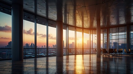 Fototapeta premium Morning Sunrise At The Office. Panoramic modern office views with city skyline. Ideal for desktop wallpaper or desktop background