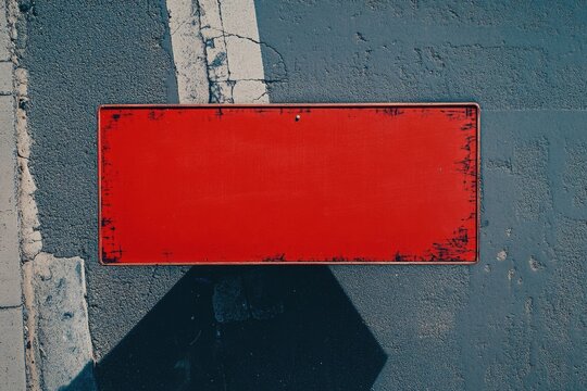 Red sign is on the ground. It is a red rectangle with a white border. The sign is empty and has no writing on it