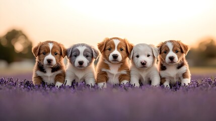 A group of adorable Australian Shepherd puppies playing in a lavender field at golden hour