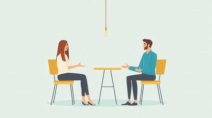 Fototapeta premium A woman and a man engage in a conversation across a table, emphasizing communication and interaction in a friendly setting.