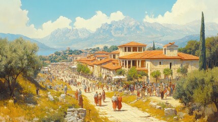 Obraz premium A Bustling Ancient Greek City with a Crowded Street and Majestic Mountain Range in the Background