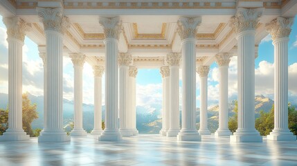 Naklejka premium Elegant classical architecture with columns and scenic backdrop.