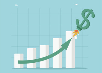 Increasing income and wages, financial growth, improving economy, profitability of the investment portfolio, growth of dollar currency, reduction in inflation, dollar takes off like rocket on chart.