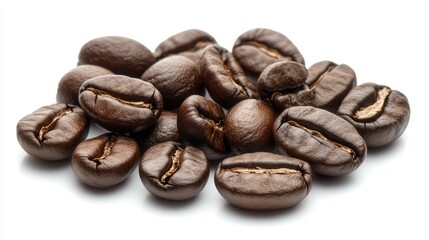 Obraz premium A few coffee beans scattered on a white background, highlighting the dark, glossy texture and natural variation in each bean