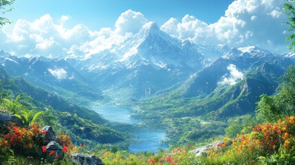 A serene landscape featuring mountains, lakes, and vibrant flowers.