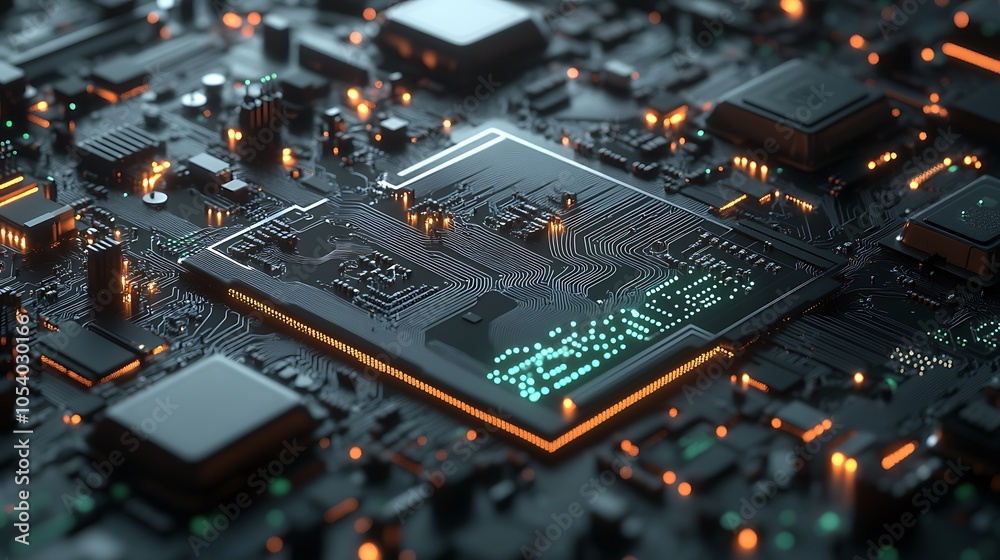 Fototapete close-up of a glowing circuit board with a central processor.