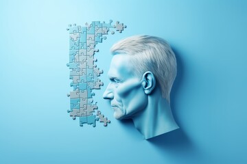 Obraz premium Silhouette of a head filled with puzzles on soft blue, symbolizing alzheimer s and memory challenges