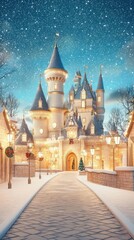 Fototapeta premium Fairy tale castle at night, with Christmas lights and magical snowfall, whimsical holiday scene, 3D illustration