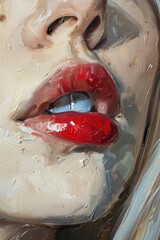 Obraz premium Painting of a woman's face with a red lip. The painting is done in a style that is reminiscent of a cartoon