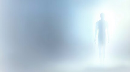 Fototapeta premium A mysterious figure emerges from a foggy background, creating an ethereal and surreal atmosphere.