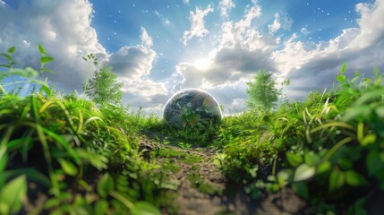 Large sphere is surrounded by a lush green field. The sky is blue with clouds and the sun is shining. The scene is peaceful and serene, with the sphere representing the Earth