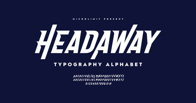Head Away: A modern, italic sport font with an urban style. Ideal for tech, digital, movie, and logo design, featuring a complete alphabet collection.