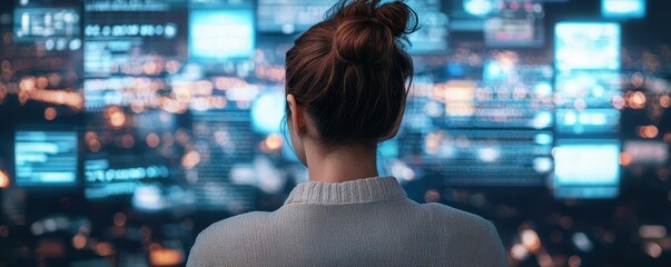 Businesswoman analyzing holographic data on virtual screens, futuristic glass office with a cityscape view, sleek and clean, digital artwork.