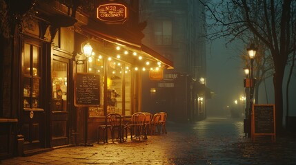 Fototapeta premium Quaint Cafe on Foggy Street with Warm Lights