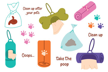 Flat vector illustration set of dog poop bags. Poop bags in holder. Dog poop bag.Cartoon, flat. Isolated vector illustration in flat style.