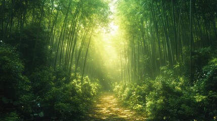 Obraz premium Lush bamboo forest with sunlight filtering through greenery.
