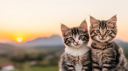 Fototapeta premium Pair of Playful Kittens Overlooking Idyllic Mountain Sunset