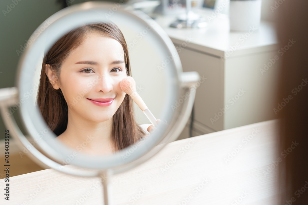 Sticker Skin care beauty, applying make up concept, smile asian young woman, cute girl make up on face by brush blush powder on her cheek, looking at the mirror. Lady with cosmetic with fashion lifestyle