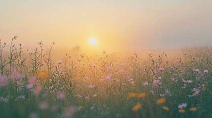 Naklejka premium Serene Sunrise Over a Field of Wildflowers