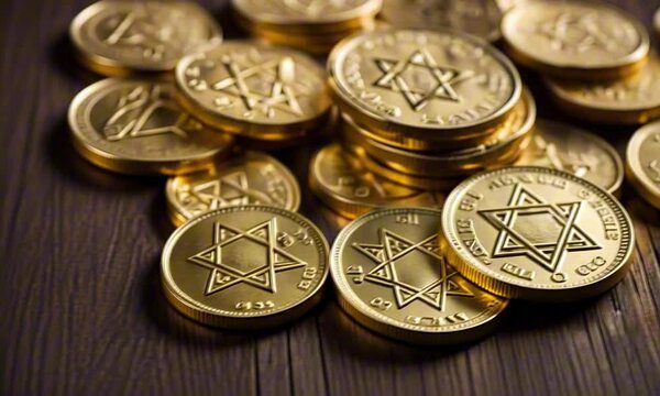 Hanukkah gelt scattered on table. Gold coins with Star of David glistening