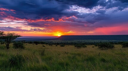 Fototapeta premium Tranquil Sunset Over Wide Grassland Expanse