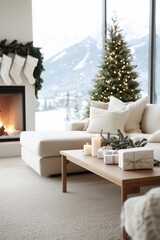 Fototapeta premium cozy, elegant holiday living room with a decorated Christmas tree and a lit fireplace. The room features large floor-to-ceiling windows with snowy mountain views, neutral-toned furniture